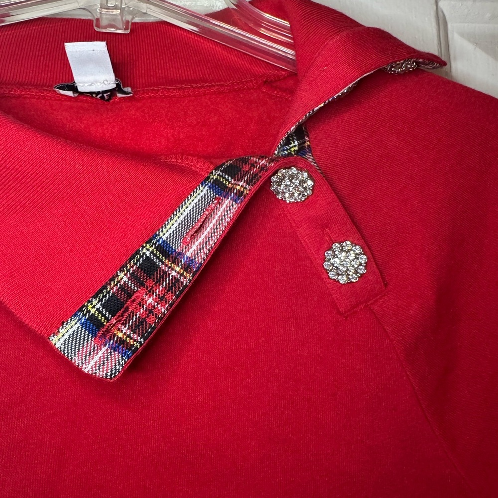 J. Crew factory red jeweled mock neck tartan plaid sweatshirt - Picture 6 of 8